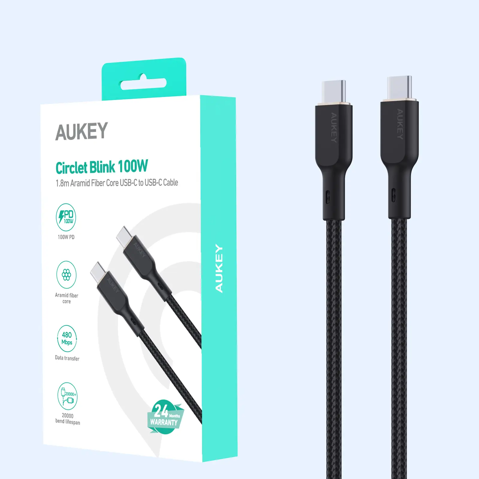 Cáp Type-C to Type-C Aukey 100W Bọc Dù Lõi Kevlar 1.8M
