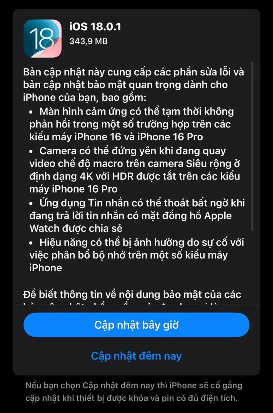 Dòng iPhone nào nên cập nhật iOS 18.0.1