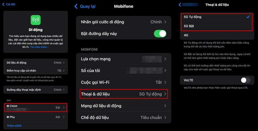 Cú pháp mở 5G trên điện thoại