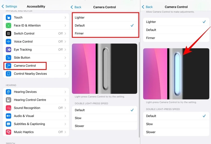 Cách thay đổi lực bấm nút Camera trên iPhone 16
