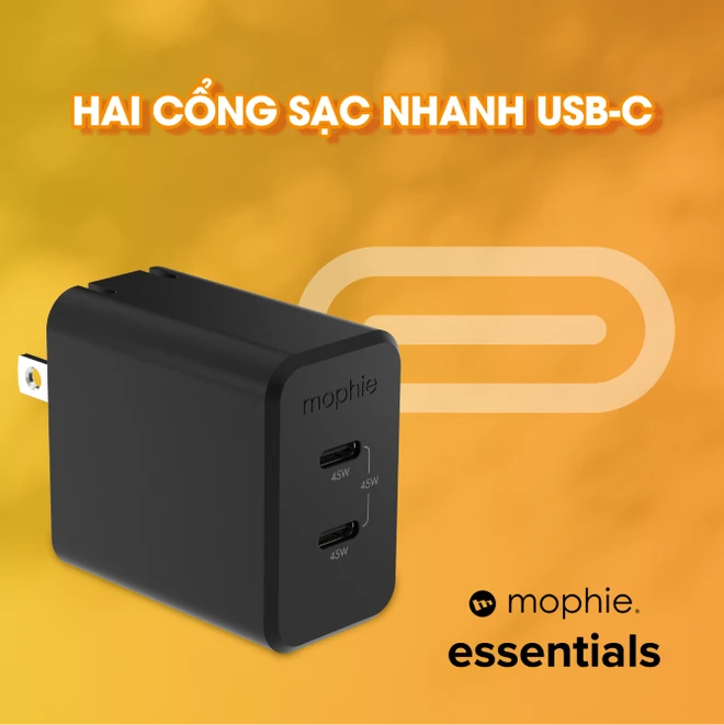Cốc sạc nhanh 2 cổng Mophie Essentials PD 45W GaN