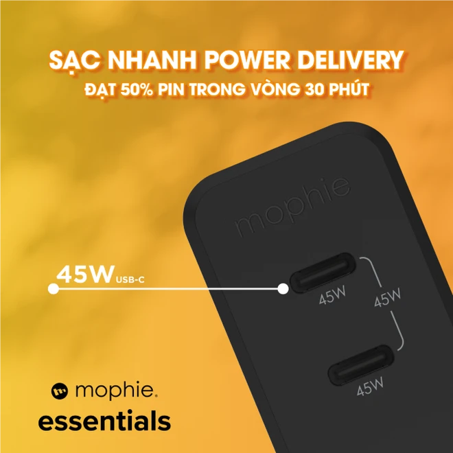 Cốc sạc nhanh 2 cổng Mophie Essentials PD 45W GaN