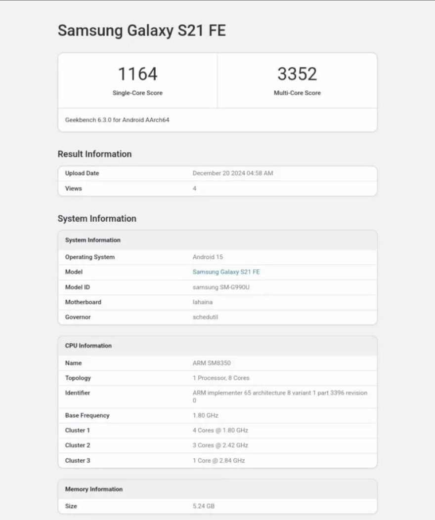 Galaxy S21 FE ghi điểm với One UI 7 trên Geekbench