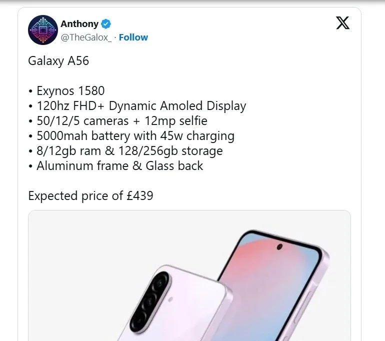 Galaxy A56 sẽ có bộ sạc và pin ngang  ngửa Galaxy S24