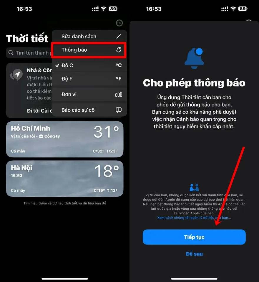 Cách bật thông báo biến động thời tiết trên iPhone