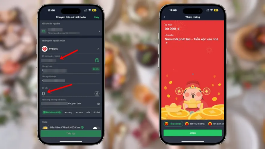 Gửi lì xì qua ứng dụng ngân hàng