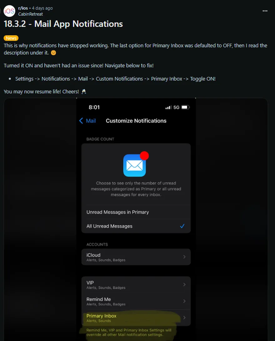 Người dùng gặp lỗi nhận email trên iOS 18.3.2