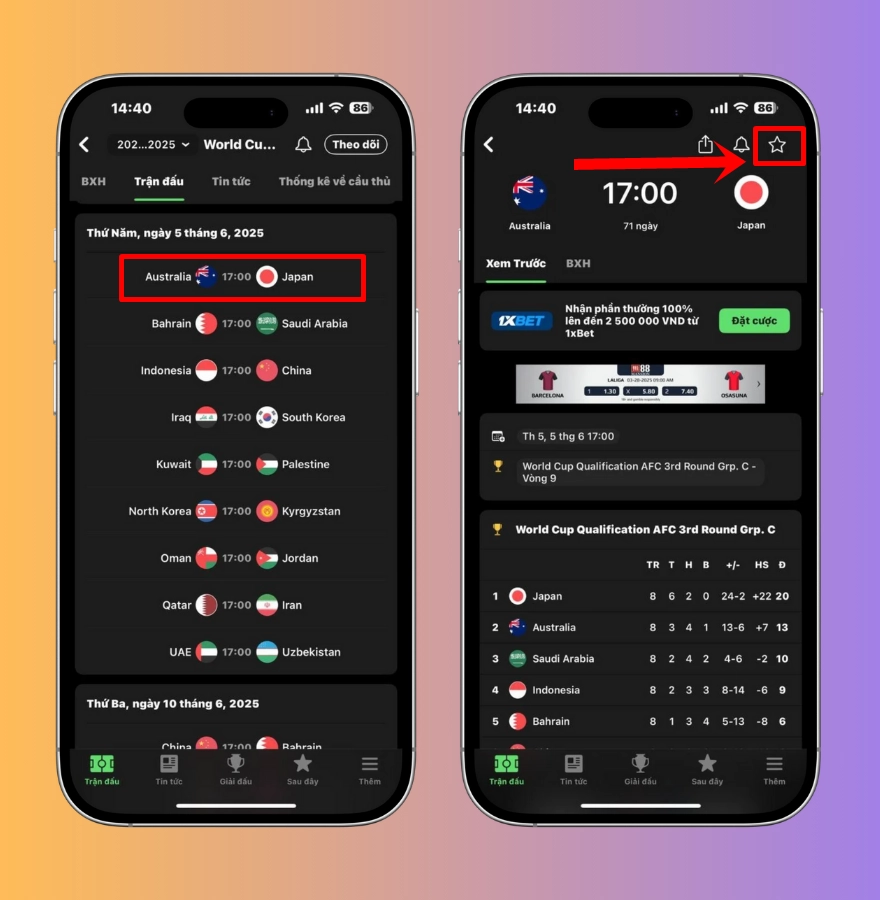 Mẹo cài tỉ số trực tiếp vòng loại World Cup 2026 cho iPhone