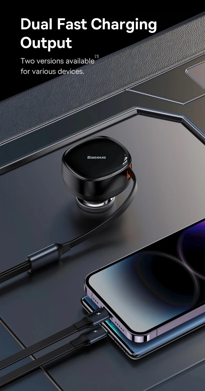 Tẩu sạc Oto 2 cổng Baseus Enjoyment Retractable kèm dây Type-C 33W