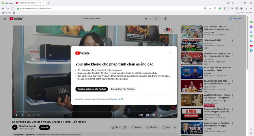 Cách chặn quảng cáo YouTube trên trình duyệt Cốc Cốc