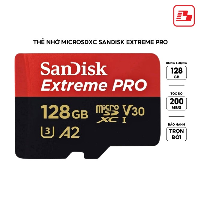 Thẻ nhớ MicroSDXC Sandisk Extreme Pro 128GB V30 U3 UHS-I 200MB/s (SDSQXCD-128G-GN6MA)