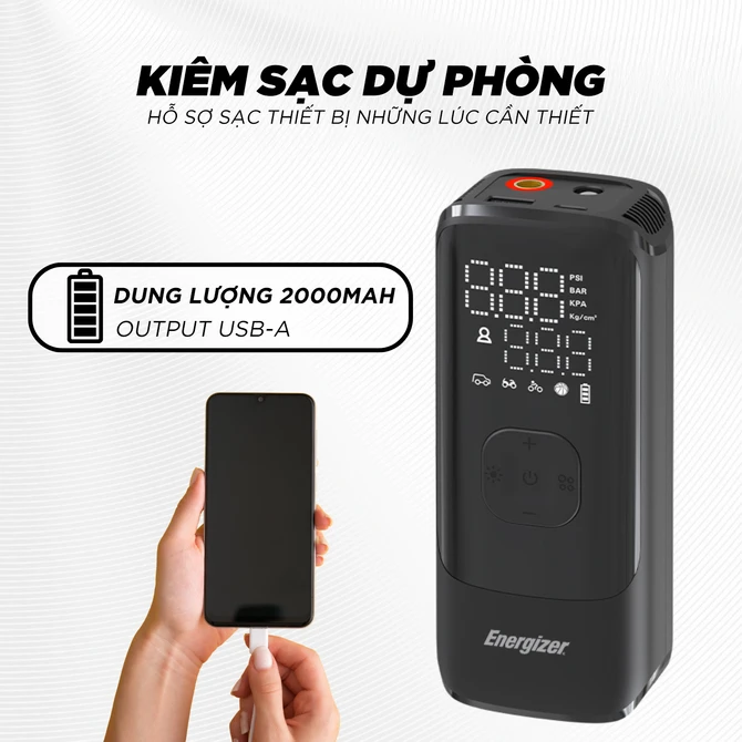 Bơm hơi di động cầm tay kiêm pin sạc dự phòng Energizer - PAC4000BK