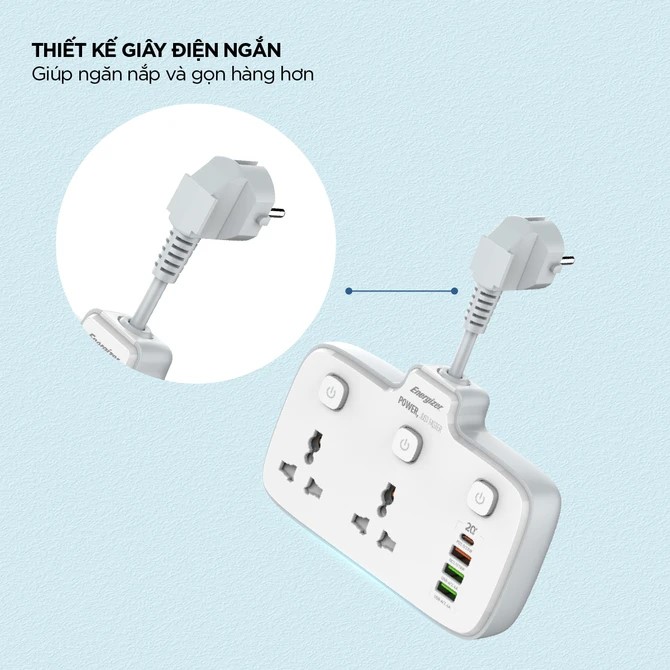 Ổ điện đa năng Energizer 2AC kèm 3 x USB-A và 1 x Type-C sạc nhanh PD (Max 20W) - EPB2503EU