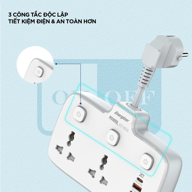 Ổ điện đa năng Energizer 2AC kèm 3 x USB-A và 1 x Type-C sạc nhanh PD (Max 20W) - EPB2503EU