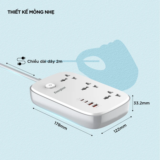 Ổ điện đa năng Energizer 3AC kèm 2 x USB-A và 2 x Type-C sạc nhanh PD (Max 65W)