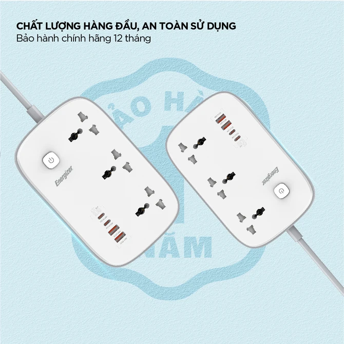 Ổ điện đa năng Energizer 3AC kèm 2 x USB-A và 2 x Type-C sạc nhanh PD (Max 65W)