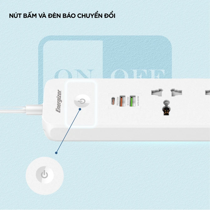 Ổ điện đa năng Energizer 5AC kèm 2 x USB-A và 1 x Type-C sạc nhanh PD (Max 38W) - EPB2504EUWE