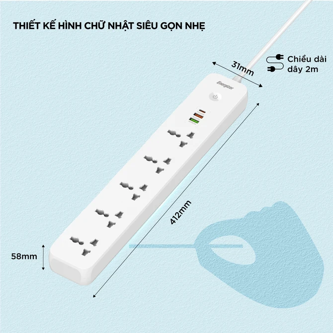 Ổ điện đa năng Energizer 5AC kèm 2 x USB-A và 1 x Type-C sạc nhanh PD (Max 38W) - EPB2504EUWE