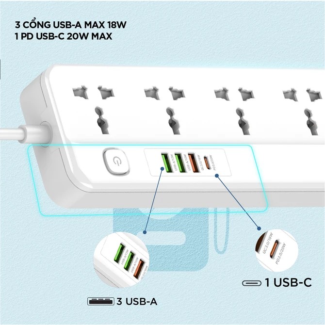 Ổ điện đa năng Energizer 5AC kèm 3 x USB-A và 1 x Type-C sạc nhanh PD (Max 20W) - EPB2501EU