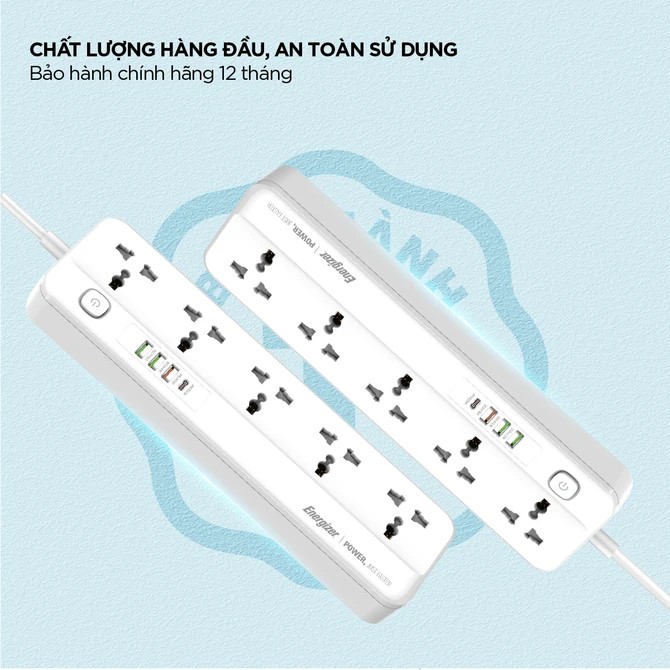 Ổ điện đa năng Energizer 5AC kèm 3 x USB-A và 1 x Type-C sạc nhanh PD (Max 20W) - EPB2501EU