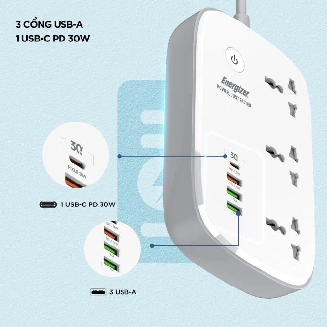 Ổ điện đa năng Energizer Wifi 3AC kèm 3 x USB-A và 1 x Type-C sạc nhanh PD 30W