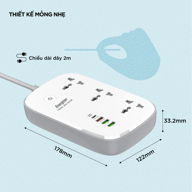 Ổ điện đa năng Energizer Wifi 3AC kèm 3 x USB-A và 1 x Type-C sạc nhanh PD 30W