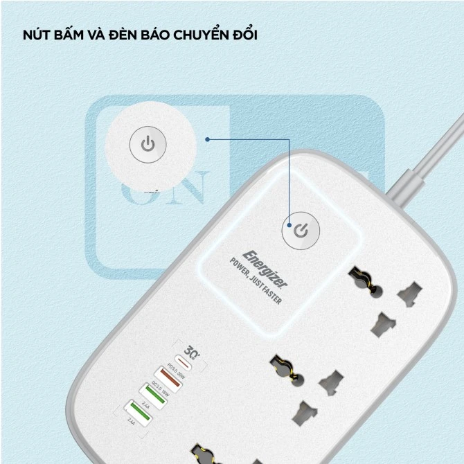 Ổ điện đa năng Energizer Wifi 3AC kèm 3 x USB-A và 1 x Type-C sạc nhanh PD 30W