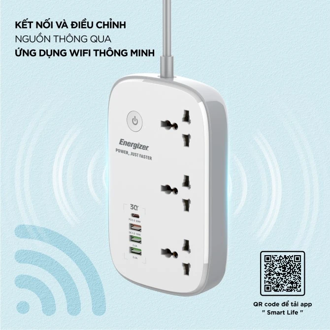 Ổ điện đa năng Energizer Wifi 3AC kèm 3 x USB-A và 1 x Type-C sạc nhanh PD 30W