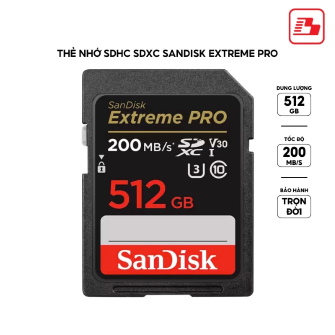 Thẻ nhớ SDXC Sandisk Extreme Pro 512GB V30 U3 C10 UHS-I 200MBs (SDSDXXD-512G-GN4IN)