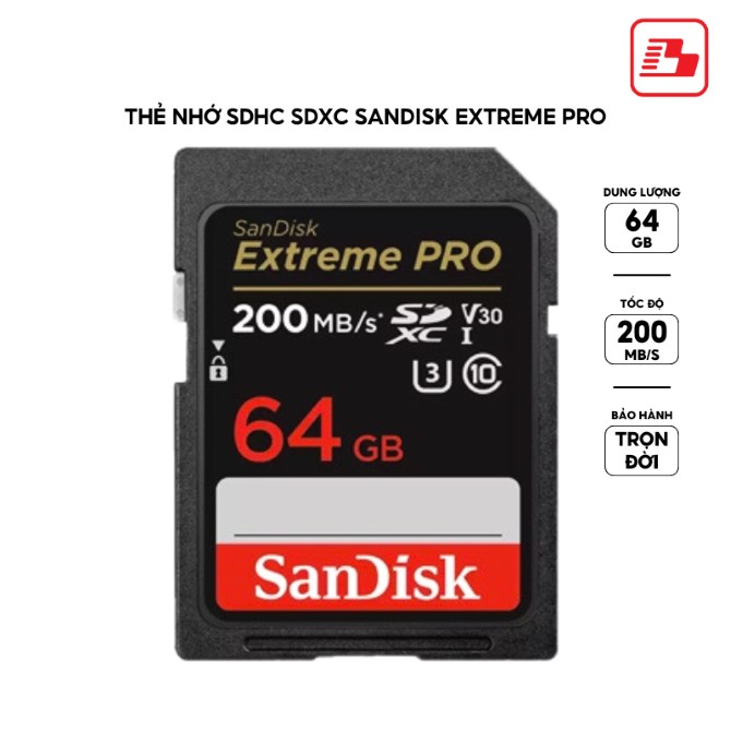 Thẻ nhớ SDXC Sandisk Extreme Pro 64GB V30 U3 C10 UHS-I 200MBs (SDSDXXU-064G-GN4IN)