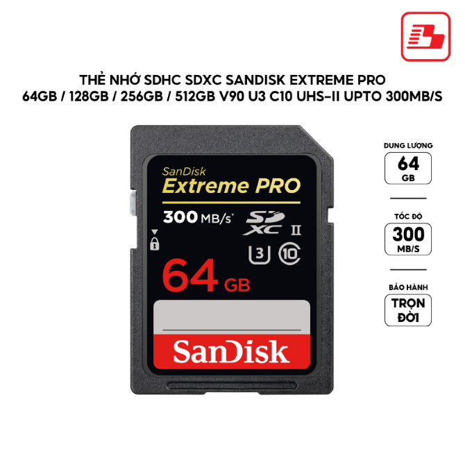 Thẻ nhớ SDXC Sandisk Extreme Pro 64GB V90 U3 C10 UHS-II 300MBs (SDSDXDM-064G-GN4IN)