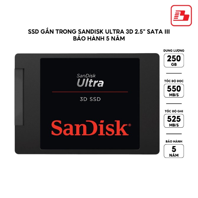 SSD gắn trong SanDisk Ultra 3D 250GB 2.5 inch SATA III upto 550MB/s (SDSSDH3-250G-G25)