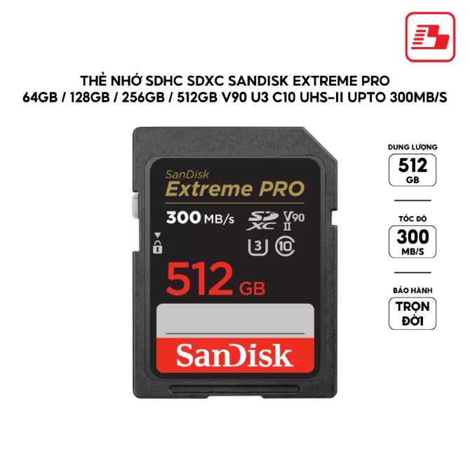 Thẻ nhớ SDXC Sandisk Extreme Pro 512GB V90 U3 C10 UHS-II 300MB/s (SDSDXDK-512G-GN4IN)