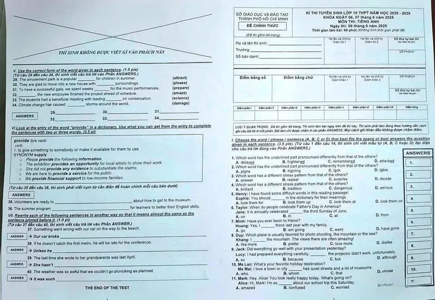 Đáp án môn Anh văn thi lớp 10 TP.HCM năm 2025