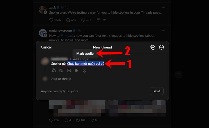 Cách cài spoiler cho bài viết Threads 