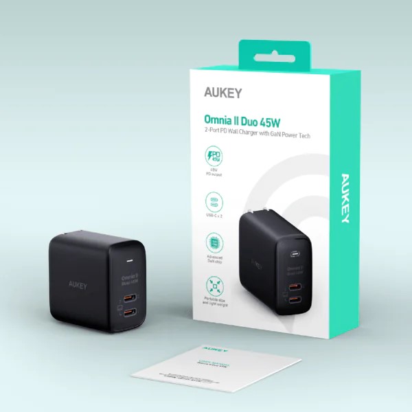 Cốc sạc nhanh Aukey 2 cổng 45W GaN PA-B4 (chấu gập)