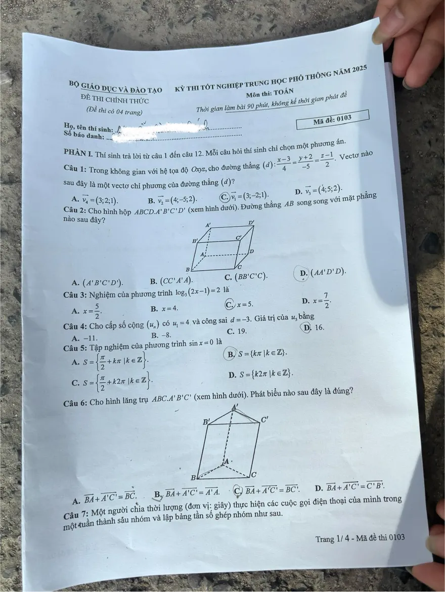 Đáp án đề thi môn Toán THPT Quốc Gia 2025 