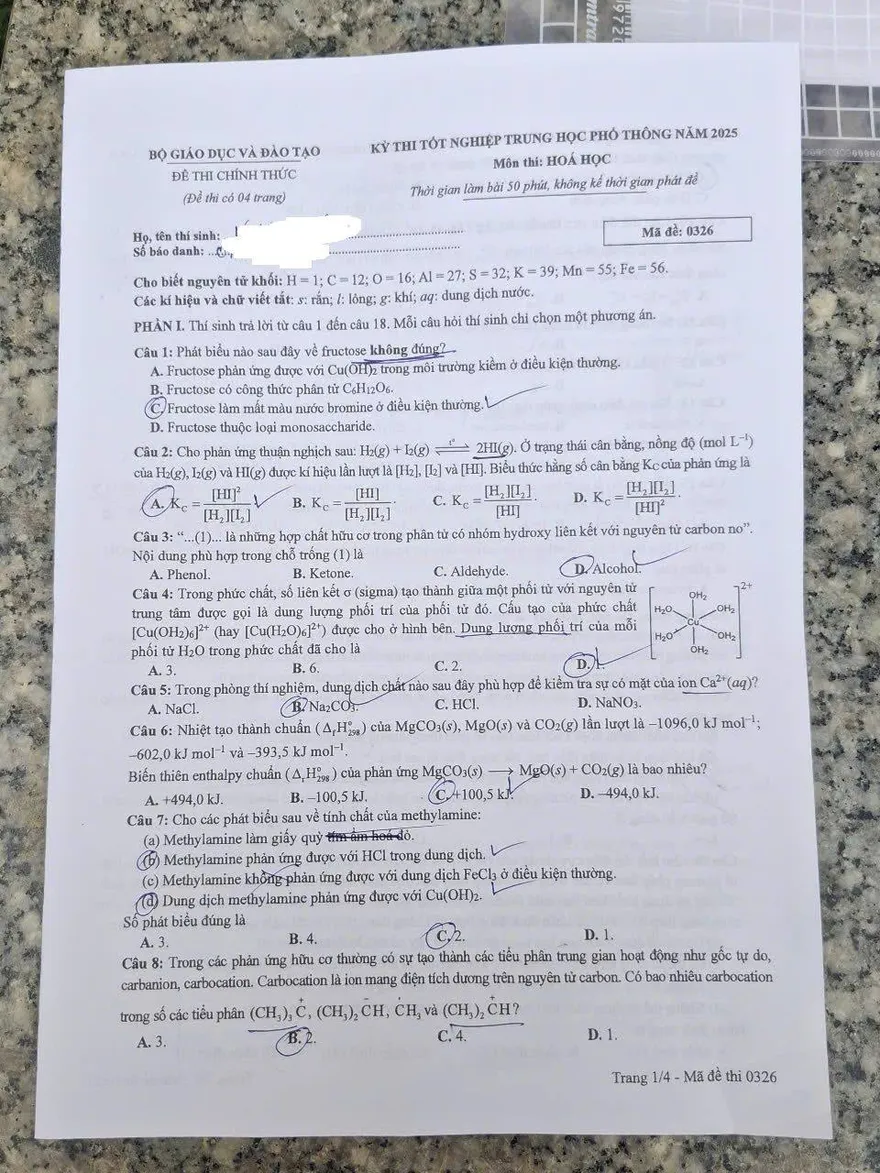 Đáp án đề thi THPT Quốc gia 2025 môn Hóa học