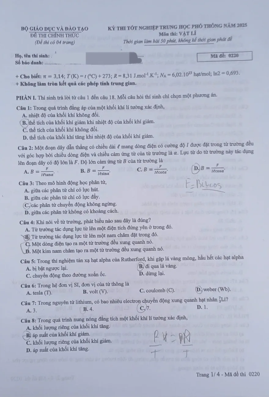 Đáp án đề thi THPT Quốc gia 2025 môn Vật Lý
