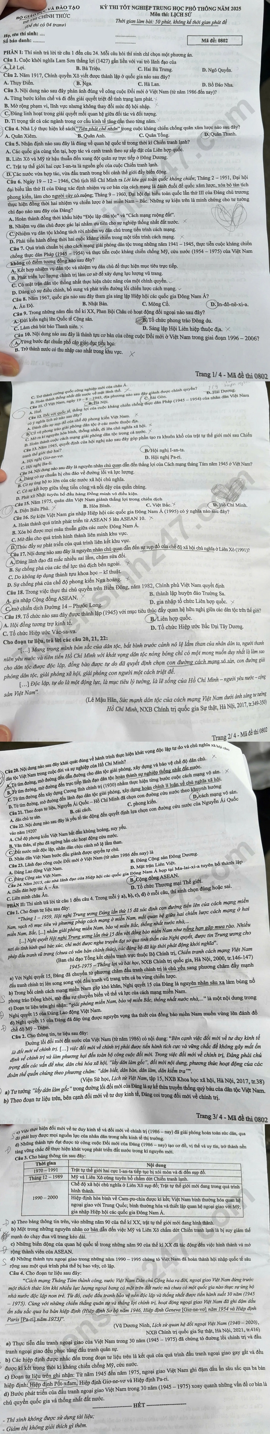 Đáp án môn Sử thi THPT quốc gia 2025