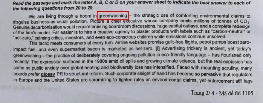 Greenwashing là gì mà có trong đề thi THPT quốc gia 2025?