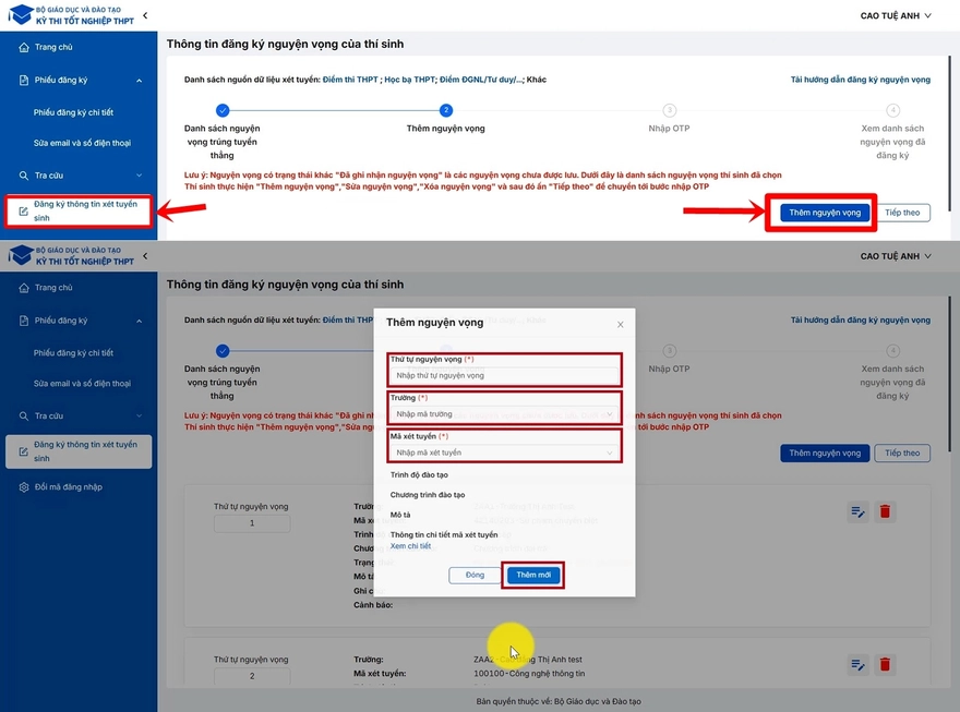 Cách đăng ký nguyện vọng xét tuyển trên web Bộ