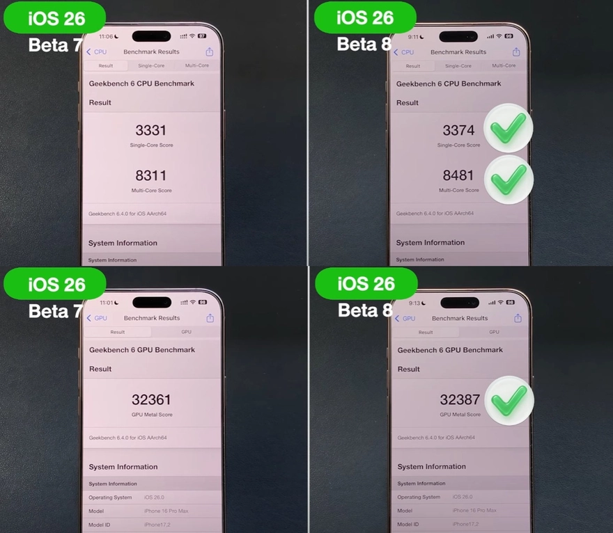So sánh hiệu năng iOS 26 Beta 8 với iOS 26 Beta 7