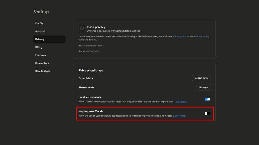 Cách từ chối chia sẻ dữ liệu cho Claude AI