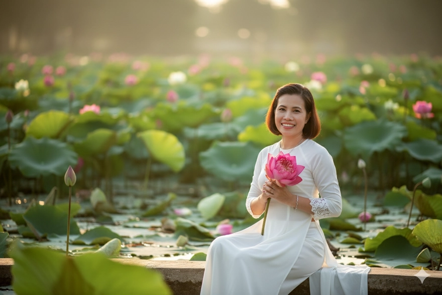 Tạo ảnh bên hồ sen cho phụ huynh U50 U60 trong 1 phút