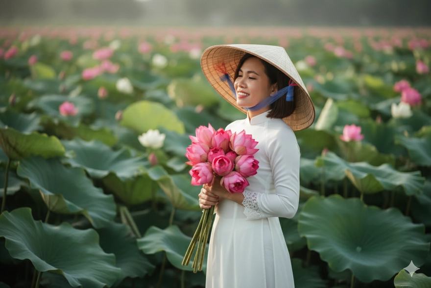 Tạo ảnh bên hồ sen cho phụ huynh U50 U60 trong 1 phút