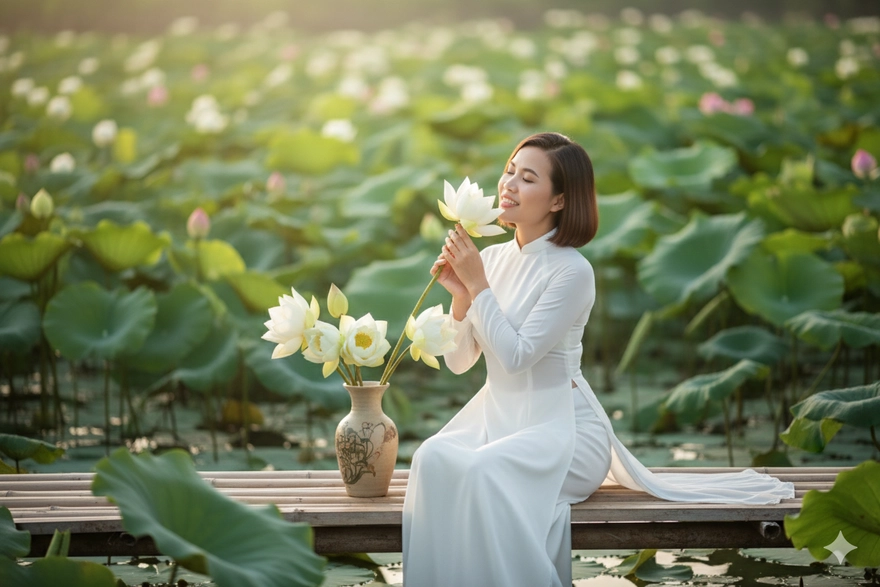 Tạo ảnh bên hồ sen cho phụ huynh U50 U60 trong 1 phút