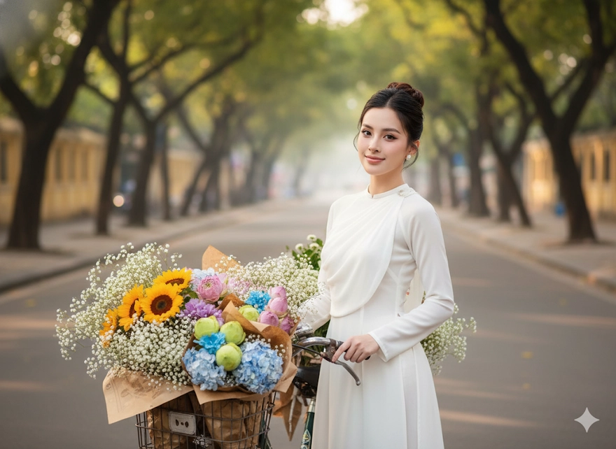 Trend AI chụp ảnh áo dài với mùa thu Hà Nội