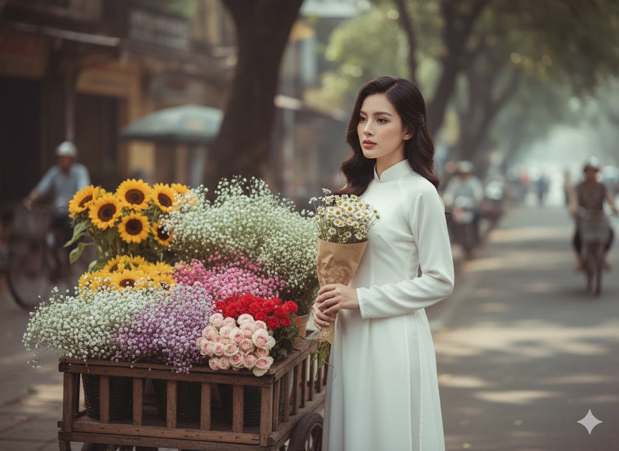 Trend AI chụp ảnh áo dài với mùa thu Hà Nội