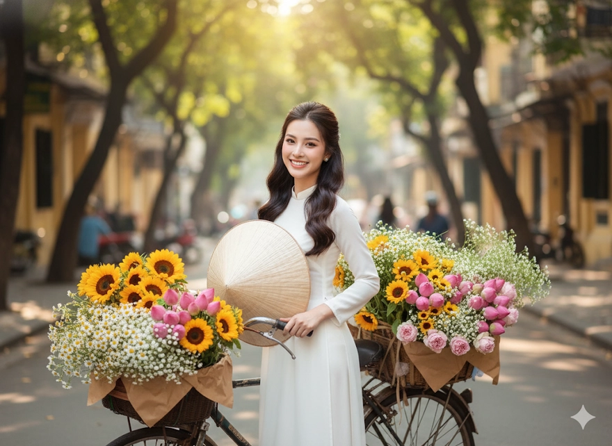 Trend AI chụp ảnh áo dài với mùa thu Hà Nội